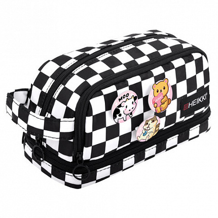 Пенал-органайзер HEIKKI (ХЕЙКИ) с ручкой, значки, 2 отделения, откидная планка, 22x13х10 см, "Black&White", 273601