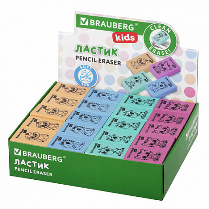 Ластик BRAUBERG KIDS "Школьный", 26х17х7 мм, прямоугольный, пастельные цвета ассорти, 271991