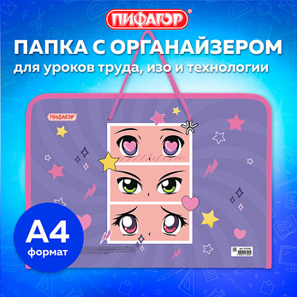 Папка для труда на молнии с ручками ПИФАГОР А4, 1 отделение, пластик, органайзер, "Мультяшные глаза", 272228