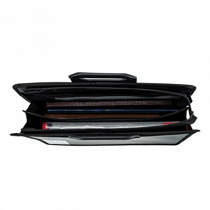 Папка-портфель пластиковая BRAUBERG А4+ (390х320х120 мм), 4 отделения, фактура под дерево, черная, 221391