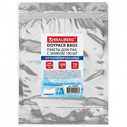 Пакеты дой-пак с замком ZIP LOCK, металлизированная + прозрачная стенка, 160х240 + 40 мм, КОМПЛЕКТ 100 штук, 70 мкм, BRAUBERG, 700685