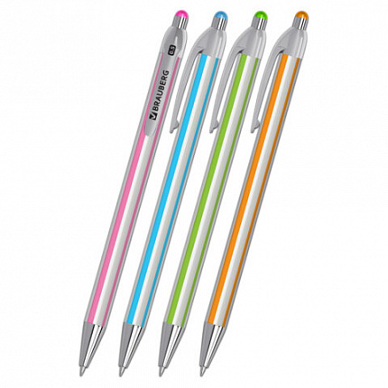 Ручка шариковая автоматическая BRAUBERG Stripes, СИНЯЯ, корпус ассорти, пишущий узел 0,5 мм, линия письма 0,3 мм, 144219