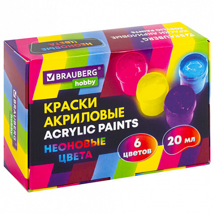 Краски акриловые НЕОНОВЫЕ для рисования и творчества 6 цветов по 20 мл BRAUBERG HOBBY, 192438