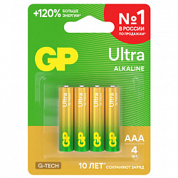 Батарейки КОМПЛЕКТ 4 шт., GP Ultra G-Tech, AAA (LR03, 24А), алкалиновые, мизинчиковые, 24AUA21-2CRSBC4