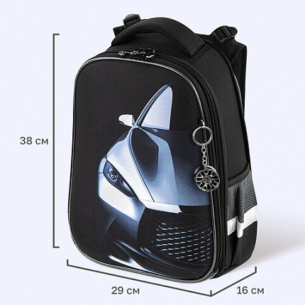 Ранец BRAUBERG PREMIUM, 2 отделения, с брелоком, "Быстрая машина", 38х29х16 см, 270600