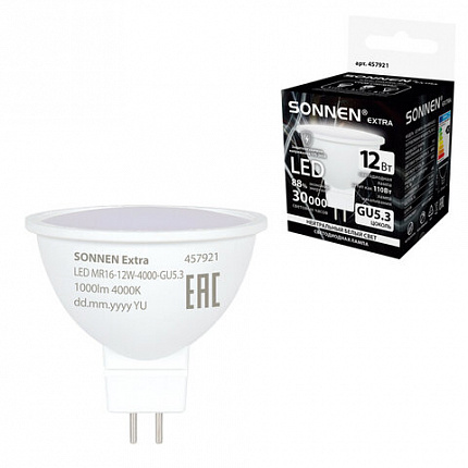 Лампа светодиодная SONNEN EXTRA, 12 (110) Вт, GU5.3, софит, нейтральный белый, 30000 ч, LED MR16-GU5.3-12W-4000, 457921