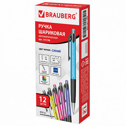 Ручка шариковая автоматическая с грипом BRAUBERG "Concept", СИНЯЯ, корпус ассорти, узел 0,7 мм, линия письма 0,35 мм, 141156