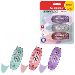 Корректирующая лента BRAUBERG PASTEL, 5 мм х 6 м, ВЫГОДНАЯ УПАКОВКА 3 штуки в блистере, 272658