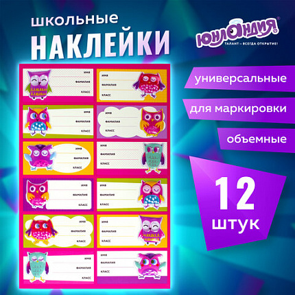 Наклейки для маркировки школьных принадлежностей "Совы", 12 штук, 14х21 см, ЮНЛАНДИЯ, 662710