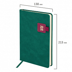 Ежедневник датированный 2026 А5 138х213 мм, BRAUBERG "Accent", под кожу, держатель, зеленый/бордо, 117387
