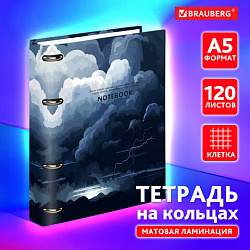 Тетрадь на кольцах А5 160х212 мм, 120 листов, картон, матовая ламинация, клетка, BRAUBERG, "Clouds", 404726