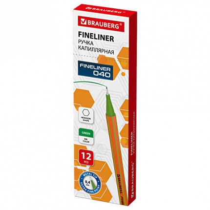 Ручка капиллярная (линер) ЗЕЛЕНАЯ, BRAUBERG FINE 040, металлический наконечник, шестигранная, линия письма 0,4 мм, 144144