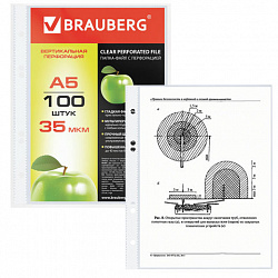 Папки-файлы МАЛОГО ФОРМАТА (148х210 мм), А5, ВЕРТИКАЛЬНЫЕ, КОМПЛЕКТ 100 шт., 35 мкм, BRAUBERG, 221714