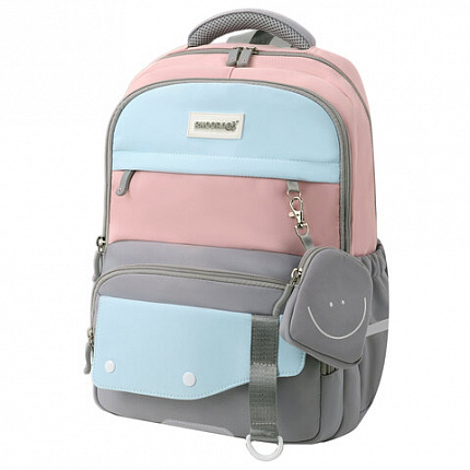 Рюкзак SNOOBAG (СНУБЭГ) PROACTIVE с кошельком, 2 отделения, Smile, серо-розовый, 40х29х17 см, 274445