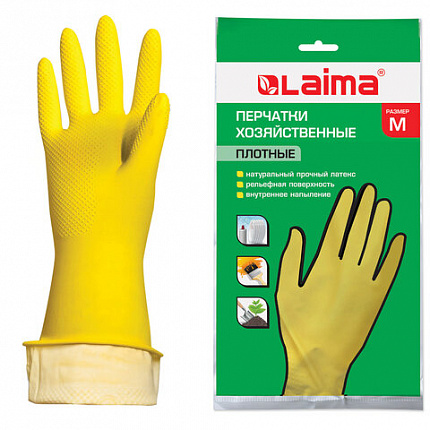 Перчатки МНОГОРАЗОВЫЕ латексные LAIMA "ЛЮКС", хлопчатобумажное напыление, ПЛОТНЫЕ, размер 7-8, M (средний), желтые, вес 50 г, 600555