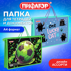 Папка на молнии с ручками ПИФАГОР А4, 1 отделение, пластик, ручки-шнурок, АССОРТИ, 274473