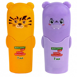 Ручка-корректор 7 мл, ВЫГОДНАЯ УПАКОВКА, КОМПЛЕКТ 2 штуки, BRAUBERG KIDS "ЗВЕРЯТА", металлический наконечник, 274230
