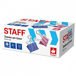 Зажимы для бумаг STAFF ECO, КОМПЛЕКТ 12 шт, 41 мм, на 200 листов, цветные, картонная коробка, 274040