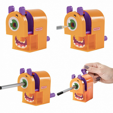 Точилка механическая ПИФАГОР "Монстрик", корпус оранжевый, для чернографитных и цветных карандашей, 228477