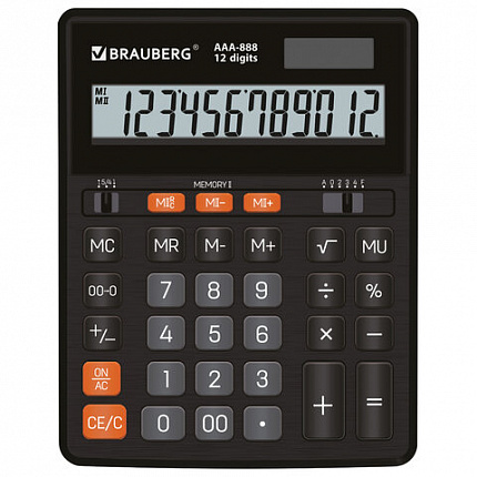 Калькулятор настольный BRAUBERG AAA-888 (202x159 мм),12 разрядов, ЧЕРНЫЙ, двойное питание, 273981