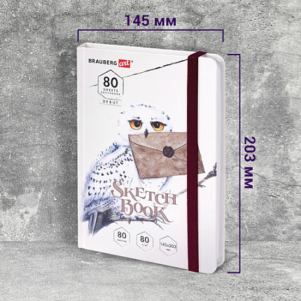 Скетчбук, белая бумага 80 г/м2, 145х203 мм, 80 л., резинка, твердый, BRAUBERG ART DEBUT "Хогвартс", 114581