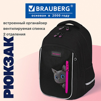 Рюкзак BRAUBERG INTENT, 2 отделения, 4 кармана, "Любопытный кот", 39х27х14 см, 274396