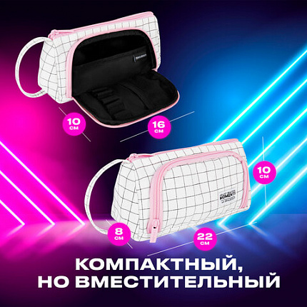 Пенал-косметичка BRAUBERG с ручкой, 1 откидная планка, полиэстер, 22x10х8 см, "Белая клетка", 271558