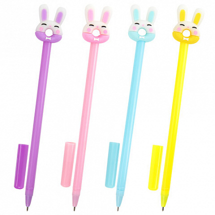 Ручка с топпером шариковая ЮНЛАНДИЯ "Зайка-пончик", корпус ассорти, СИНЯЯ, пишущий узел 0,7 мм, 143802