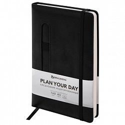 Ежедневник недатированный А5 148x218 мм BRAUBERG "Optimal", под кожу, 160 листов, резинка, держатель для ручки, черный, 118640