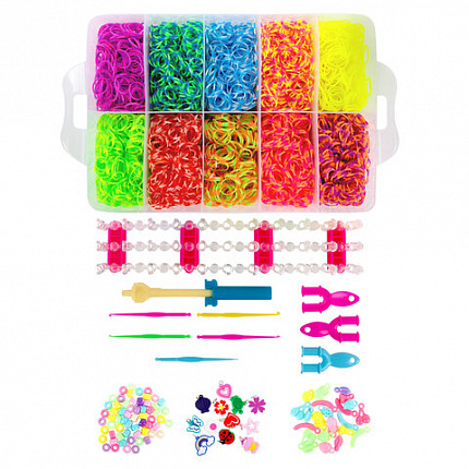 Набор резинок для плетения украшений МЕГА НАБОР 15 000 шт., 25 цветов, бокс, бусины, станок, BAMBOX (БАМБОКС), 665973