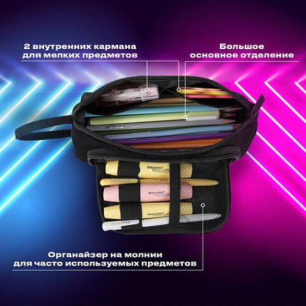 Пенал-косметичка BRAUBERG с ручкой, 1 откидная планка, полиэстер, 22x10х8 см, черный, 272339