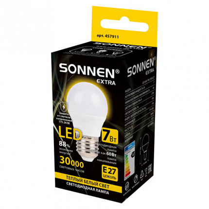 Лампа светодиодная SONNEN EXTRA, 7 (60) Вт, E27, шар, теплый белый, 30000 ч, LED G45-7W-2700-Е27, 457911