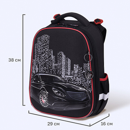 Ранец BRAUBERG PREMIUM, 2 отделения, с брелоком, "Ночь в центре", ЛАМПОЧКИ, 38х29х16 см, 271356