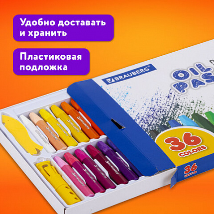 Пастель масляная восковые мелки утолщенные 36 цветов с точилкой, держателем и стеком, BRAUBERG PREMIUM, 272713