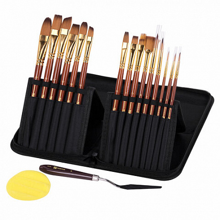 Кисти художественные набор 15 шт + мастихин в пенале, красные, синтетика, BRAUBERG AR