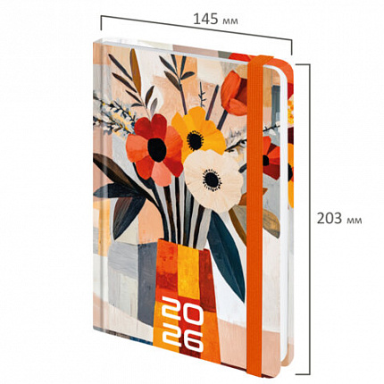 Ежедневник датированный 2026 с резинкой 145х203 мм, А5, BRAUBERG, твердый, "Букет", 117339