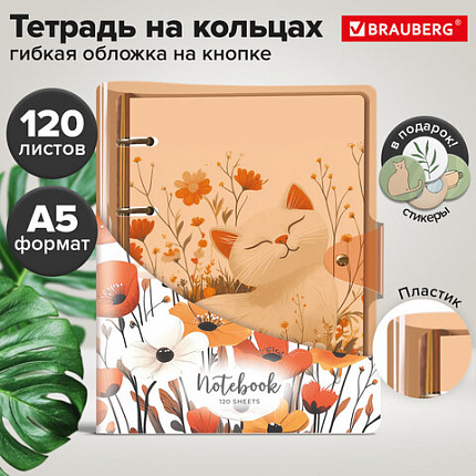 Тетрадь на кольцах А5, 180х220 мм, 120 л., неон. пластик, клапан, стикеры, BRAUBERG, Оранжевый, 405220