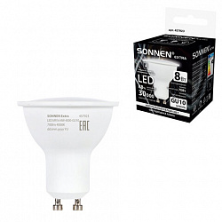 Лампа светодиодная SONNEN EXTRA, 8 (70) Вт, GU10, софит, нейтральный белый, 30000 ч, LED MR16-GU10-8W-4000, 457923