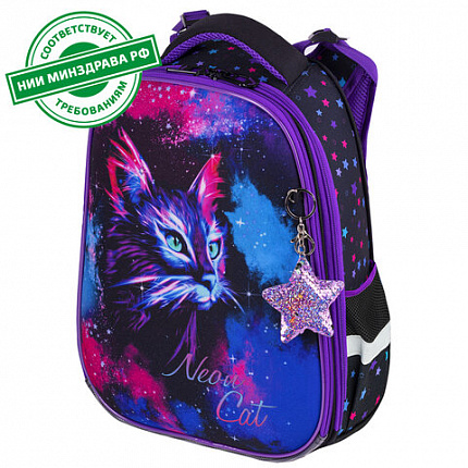 Ранец BRAUBERG PREMIUM, 2 отделения, с брелоком, "Neon cat", 38х29х16 см, 271352