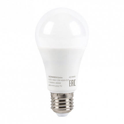 Лампа светодиодная SONNEN EXTRA, 12 (100) Вт, Е27, груша, нейтральный белый, 30000 ч, LED A60-12W-4000-Е27, 457895