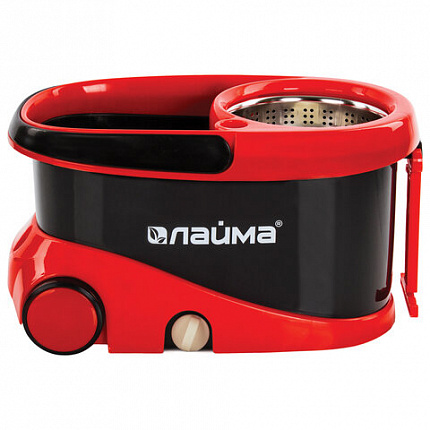 Швабра с отжимом и ведром 19л/9л на колесах и ручкой для перевозки, отжим центрифуга, 2 круглые насадки, черно-красный, LAIMA, 606303, M029B