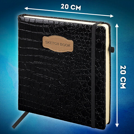 Скетчбук, слоновая кость 140 г/м2, 200х200 мм, 80 л., КОЖЗАМ, резинка, BRAUBERG ART CLASSIC, CROCO, черный, 116472