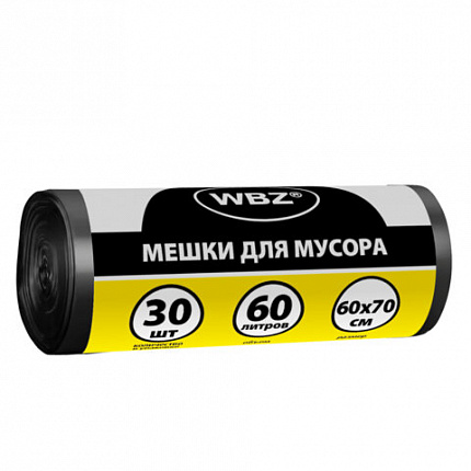 Мешки для мусора 60л черные в рулоне 30 штук, ПНД 10 мкм, 60x70см, WBZ, 702657