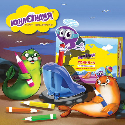 Точилка ЮНЛАНДИЯ "Морской котик", с контейнером, пластиковая, корпус ассорти, 228463