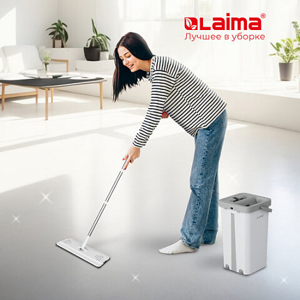 Швабра с отжимом и ведром 12л/9л двухкамерное, 2 насадки микрофибра, карманы с 2-х сторон, рукоятка 134-154см белый NeoMop XL, LAIMA,609149