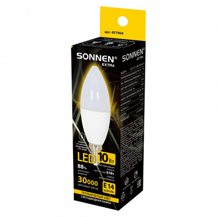 Лампа светодиодная SONNEN EXTRA, 10 (85) Вт, Е14, свеча, теплый белый, 30000 ч, LED C37-10W-2700-Е14, 457904