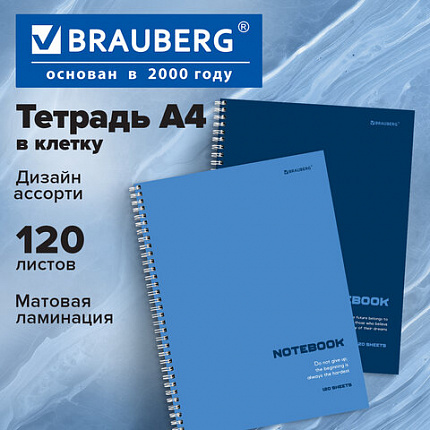 Тетрадь А4, 120 л., BRAUBERG, гребень, клетка, матовая ламинация, "Классика Blue", 405643