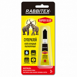 Клей секундный суперклей УЛЬТРАПРОЧНЫЙ, блистер, 3 грамма, RABBITEX (РАББИТЕКС) "ДВА СЛОНА", 609811