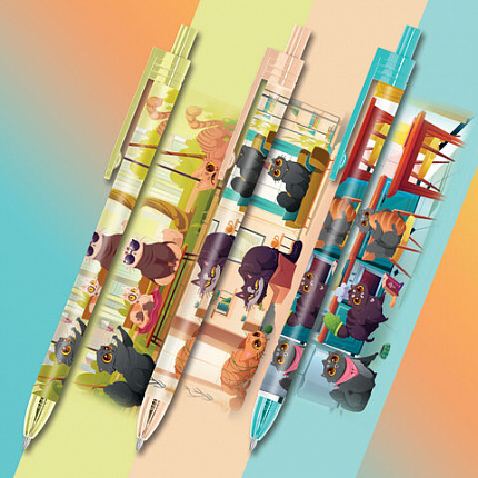 Ручка шариковая автоматическая с принтом FUNSTER "CUTE ANIMALS", корпус soft-touch, СИНЯЯ, пишущий узел 0,7 мм, линия письма 0,35 мм, 144402