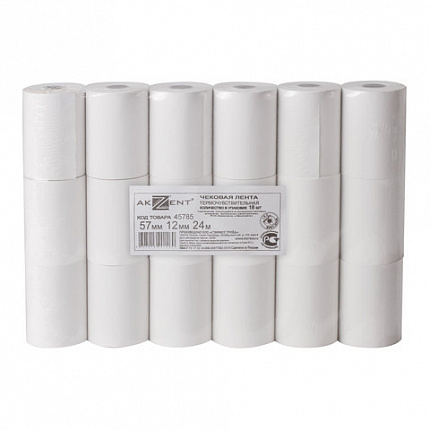 Чековая лента ТЕРМОБУМАГА 57 мм (диаметр 40 мм, длина 24 м, втулка 12 мм) КОМПЛЕКТ 18 шт., AKZENT